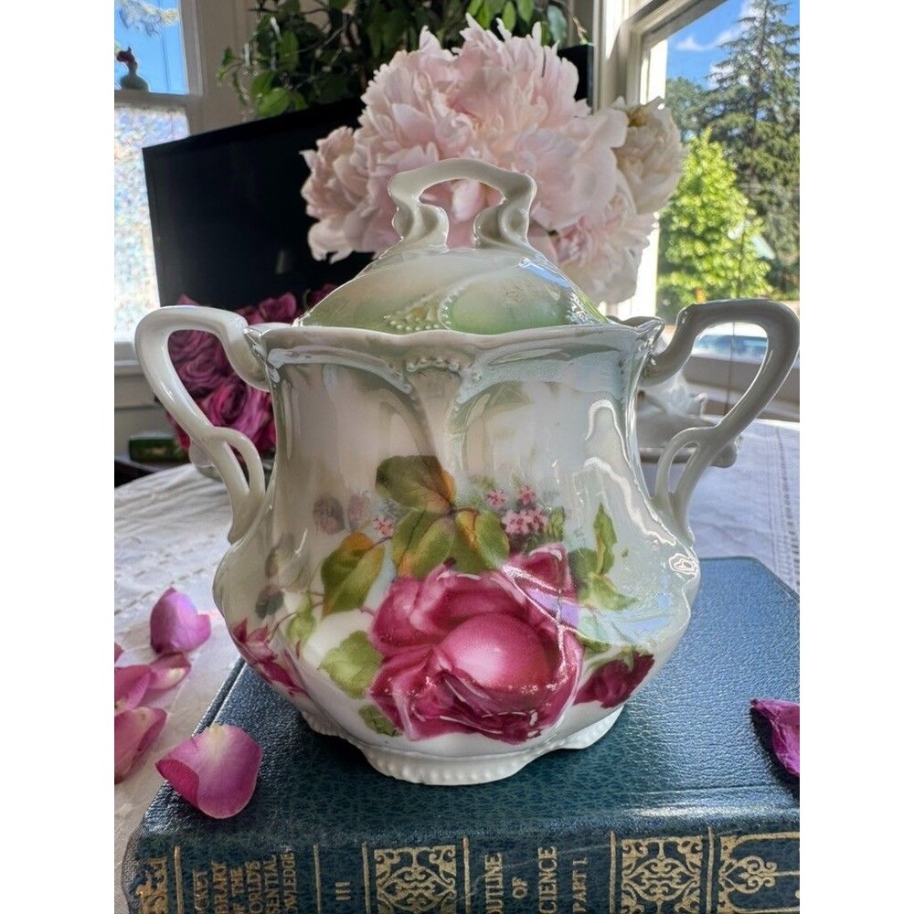 Antique Hand Painted Rose Porcelain Covered Sugar Bowl Art Nouveau Footed - Picture 8 of 16